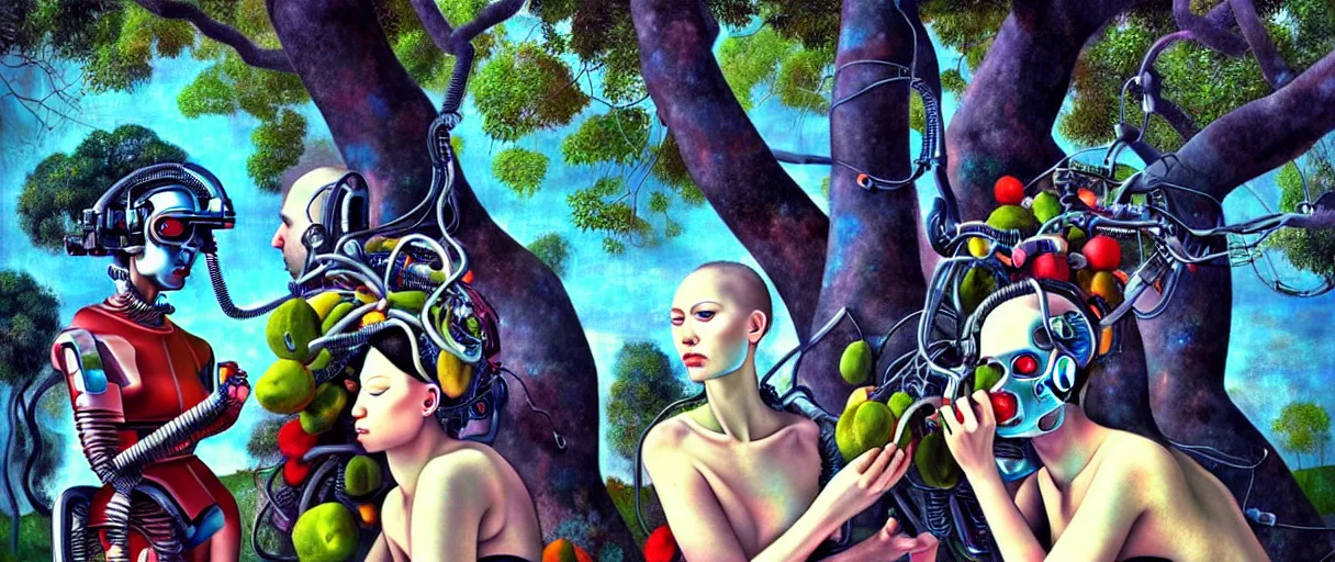 Image similar to minimalist hyperdetailed photorealistic cyborgs under a big tree, eating interesting elaborate fruits. in the style of Caravaggio and Paul Gauguin, with liberty cyberpunk and flemish baroque mixed media elements. beautiful!!!!!!! hyperrealistic soft pastel tones. matte background HD 8x