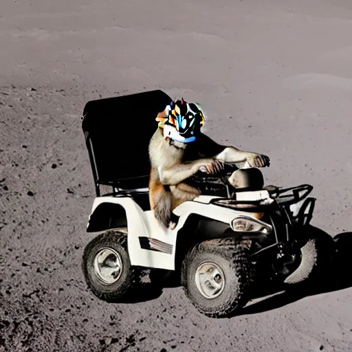 Prompt: photo of monkey in tuxedo riding an atv on the moon