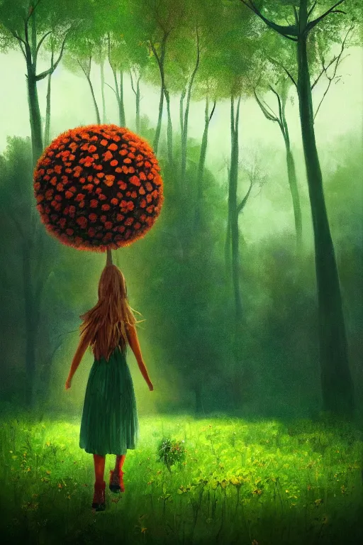 Image similar to giant daisy flower head, girl walking in a green forest, surreal photography, sunrise, dramatic light, impressionist painting, colorful clouds, digital painting, artstation, simon stalenhag