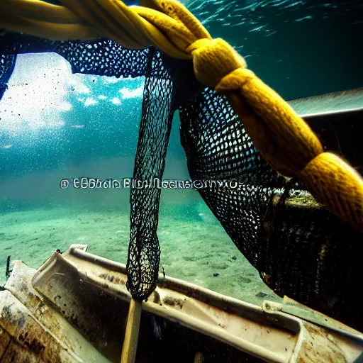 Prompt: trawl doors and net being towed behind a boat, scraping over the seabed, underwater photo - c 1 1