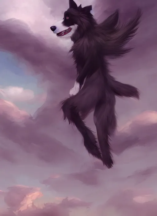 Image similar to wide angle beautiful full body portrait of a cute male anthropomorphic anthro border collie fursona wearing clothes and falling from the sky, character design by charlie bowater, henry asencio, and ross tran, disney, scenic background, detailed, aesthetic, trending on artstation, furaffinity, deviantart