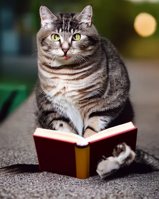 Prompt: high quality presentation photo of a cute mechanical cat reading a book, photography 4k, f1.8 anamorphic, bokeh, 4k, Canon, Nikon