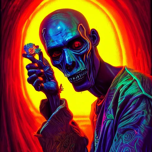 Image similar to a death tarot featuring a haitian voodoo priest with menacing eyes, blacklight neon colors, by anton semenov and android jones in cyberpunk voodoo style, oil on canvas, 8k