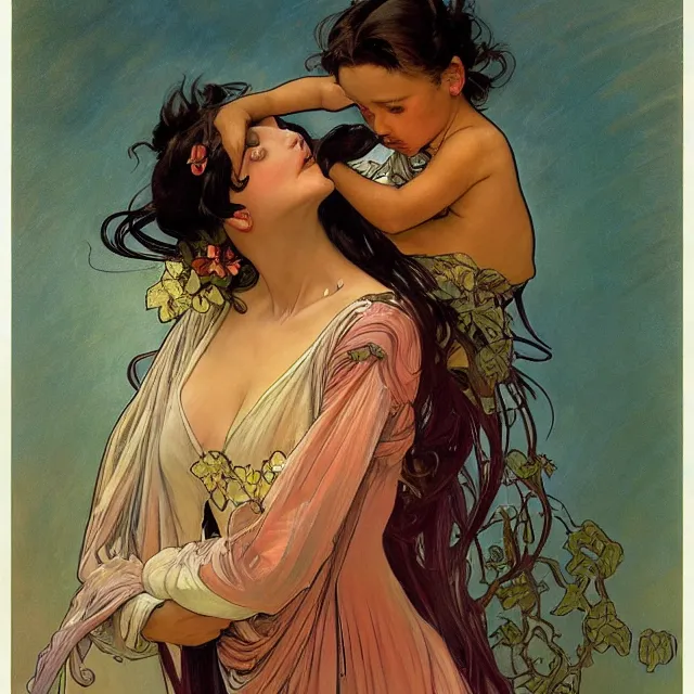 Prompt: an aesthetic! detailed portrait of an aesthetic woman crying mournfully while holding a child, by frank frazetta and alphonse mucha, oil on canvas, bright colors, art nouveau, epic composition, dungeons and dragons fantasy art, hd, god - rays, ray - tracing, crisp contour - lines, huhd - 8 k