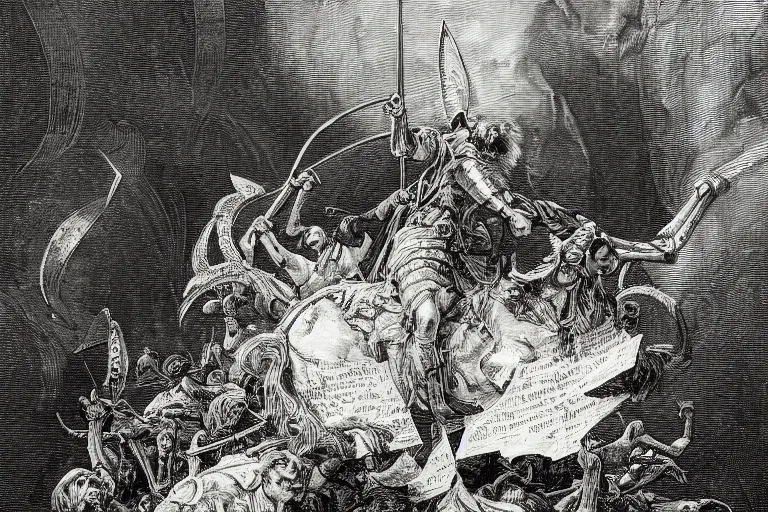 Prompt: highly detailed big open book, open book page, don quixote left the book, symmetrical face, magical, roman myth, masterpiece, highly detailed painting by gustave dore