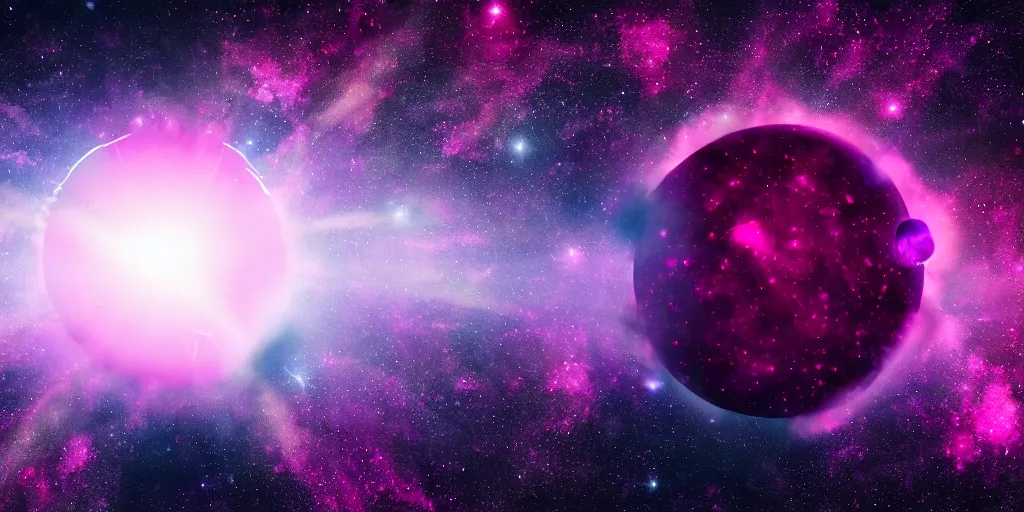 Prompt: magenta crystal planet with falling spaceship above, 🌌, sparkling stars, kaleidoscopic, 8k,  high detail, wide shot