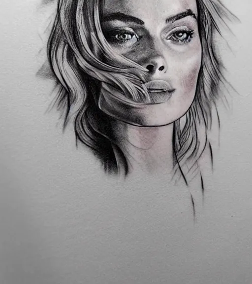 Image similar to tattoo design sketch of margot robbie with beautiful mountain scenery, mash up, double eposure effect, in the style of arlo dicristina, surrealist, amazing detail, sharp