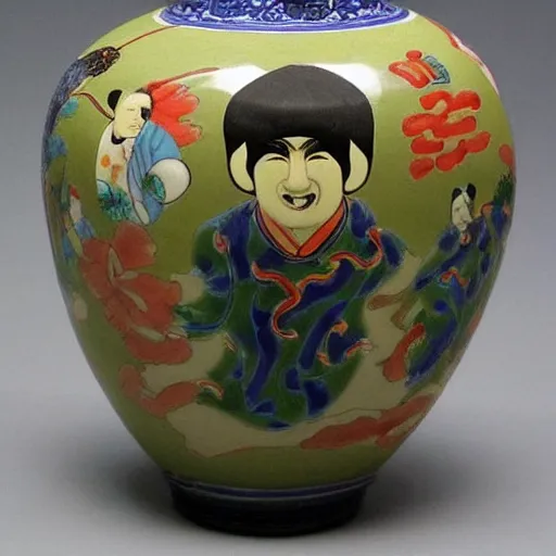 Image similar to vase work, vase art of The beatles in art style of chinese art, fragmented clay firing chinese vase with an The beatles, chinese art!!!!! chinese art