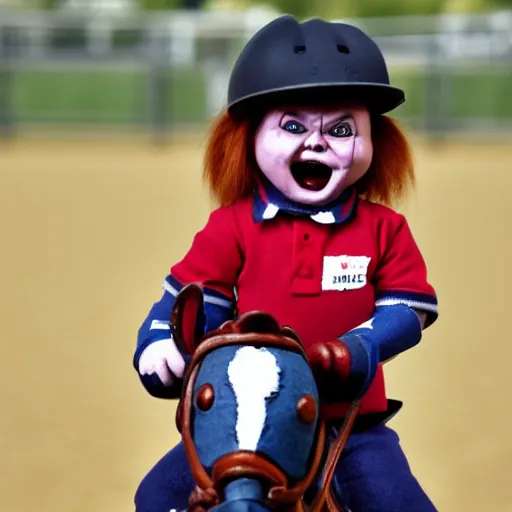 Image similar to screaming chucky doll playing polo on a horse