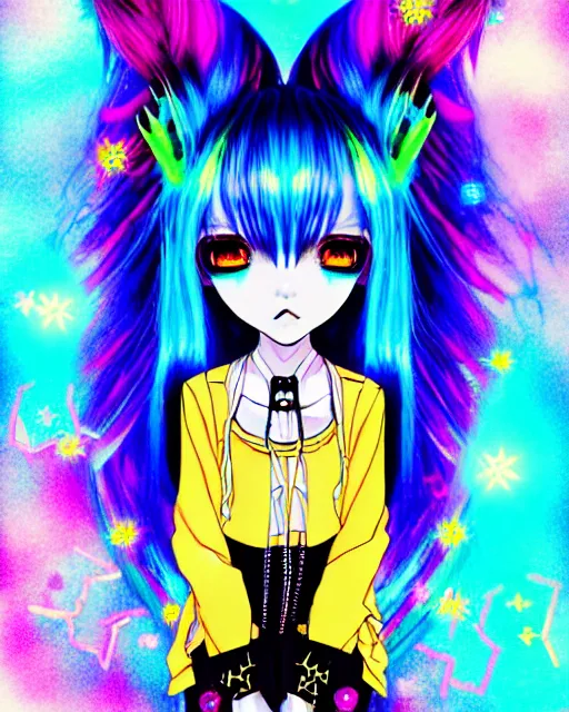 Image similar to neo tokyo japanese anime kawaii decora hologram of rimuru tempest, sky blue hair, golden yellow eyes, wearing black stylish clothing, holography, irridescent, baroque visual kei glitch art, a detailed pencil portrait with watercolor of a beautiful monster high doll, by sabrina eras, alice x. zhang, agnes cecile, blanca alvarez