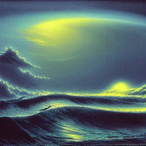 Image similar to typhoon at dusk in the style of Koginawa wave, by Bruce Pennington