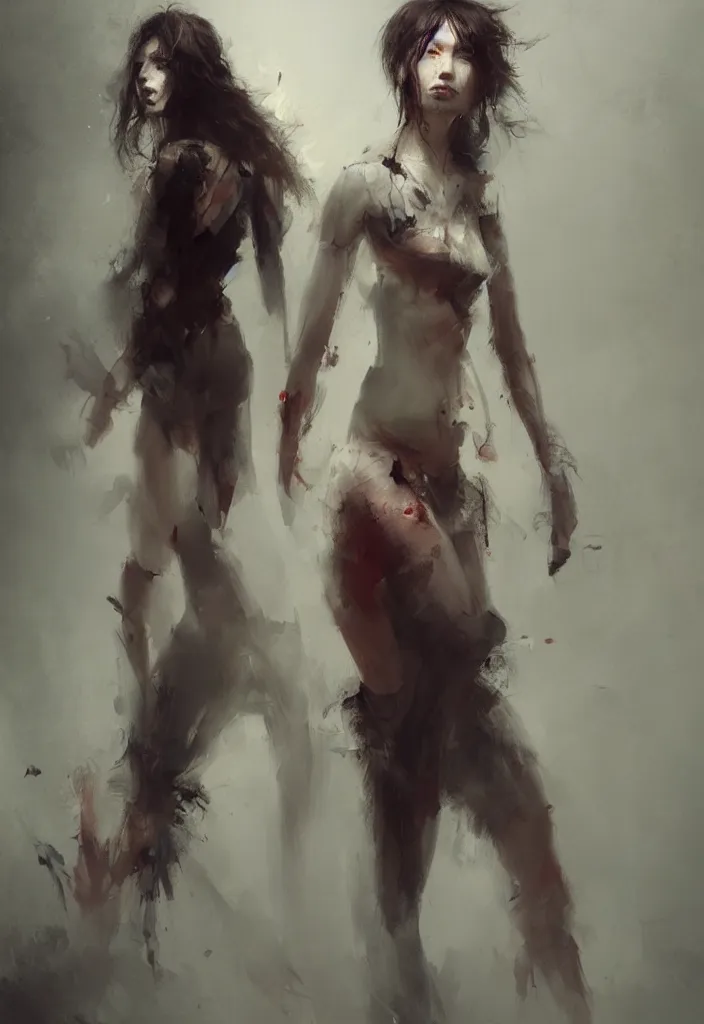 Prompt: full body portrait of a duo of 2 1 years old girl figures, messy hair, oriental tattoos, bespoke tailoring, beautiful, dramatic, cinematic lighting, few fire red highlights, by jeremy mann and greg rutkowski, oil on canvas, artstation, pixiv