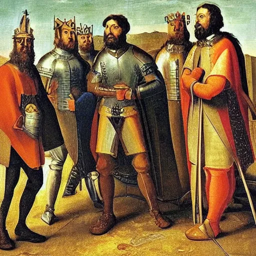 Prompt: a king and his knights standing over poor peasants, historical painting