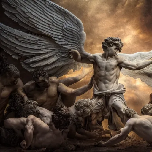 Image similar to a male angel falling from heaven surrounded by angels and demons fighting in the background asymmetrical, cinematic composition, 8k resolution, sculpture marble high contrast, shiny and reflective marble texture, soft lighting in the style of Grzegorz Domaradzki, dof, blur