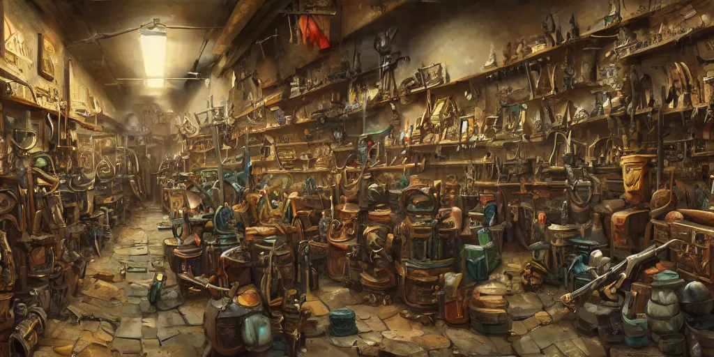 Prompt: Inside an old Weapon Shop, Swords on shelves, Shields, fantasy vendor interior, wide angle, highly detailed, rich bright colors, trending on artstation