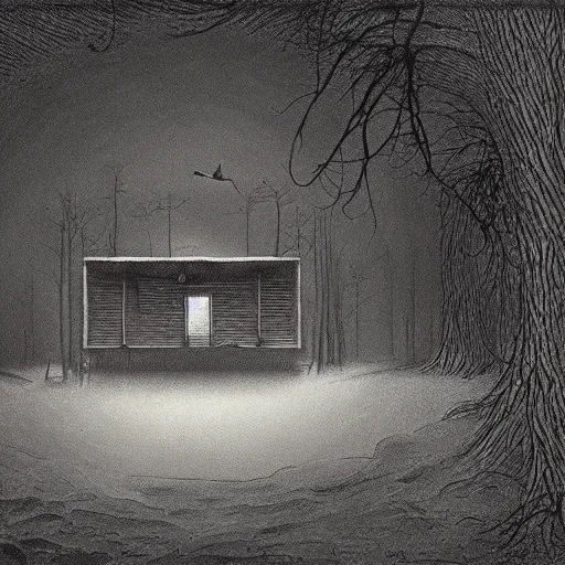 Image similar to a illustration of a eerie cabin in the middle of the woods in the style of beksinski