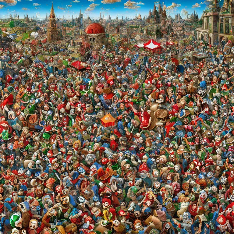 Prompt: an incredibly detailed masterpiece photo of a Where's Waldo puzzle by bosch, ornate, beautiful, bold colors, detailed, high resolution, wow!, realistic, photorealism, intricate, 4k octane render, HDR, unreal engine, zbrush, vfx, very realistic