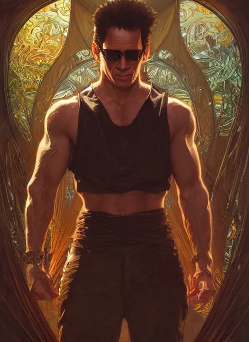 Image similar to a beautiful illustration of a johnny cage, intricate, sharp focus, illustration, highly detailed, digital painting, concept art, matte, art by wlop and artgerm and greg rutkowski and alphonse mucha, masterpiece