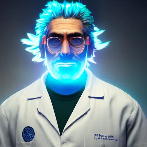 Image similar to portrait of rick sanchez, lab coat and tee shirt, lens flare, atmosphere, glow, detailed, intricate, full of colour, cinematic lighting, trending on artstation, 4 k, hyperrealistic, focused, extreme details, unreal engine 5, cinematic, masterpiece