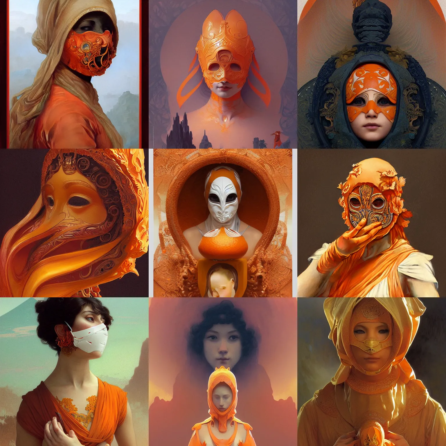 Prompt: orange ceramic mask and volcano, intricate, elegant, highly detailed, digital painting, artstation, concept art, smooth, sharp focus, illustration, art by artgerm and greg rutkowski and alphonse mucha and william - adolphe bouguereau