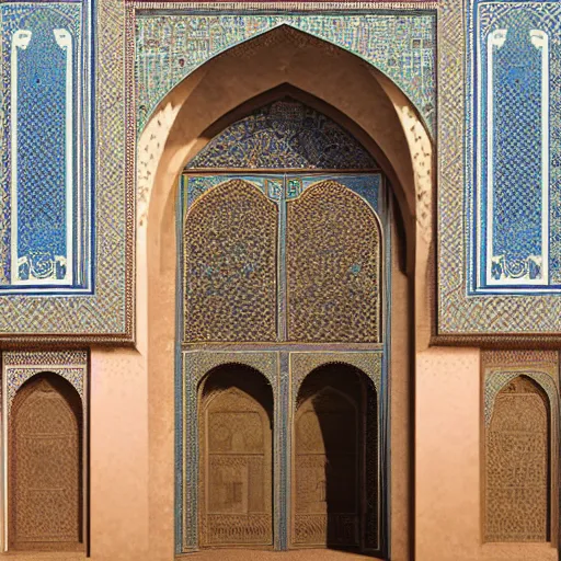 Image similar to art nouveau gate leading into Moroccan Samarkand mosque with Nabatean geometric decorations, science fiction concept art by greg rutkowski and wayne barlowe and alphonse mucha