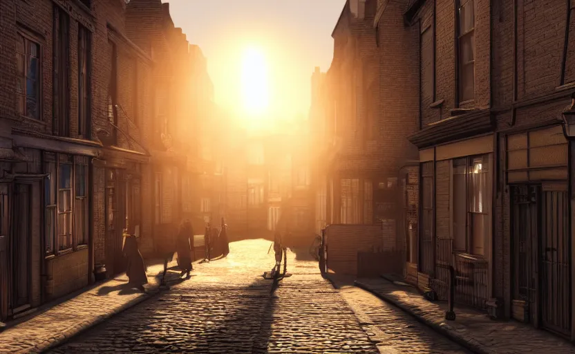 Prompt: photorealistic Victorian city slum back street. Evening sunlight. lens flare. Gaslight street lamps. 8K. detailed. photorealism. artstation. 25mm f/1.7 ASPH Lens. ultra realistic