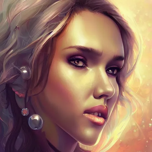 Prompt: Jessica alba with hoop earrings and wavy hair, Charlie Bowater art style, digital fantasy portrait