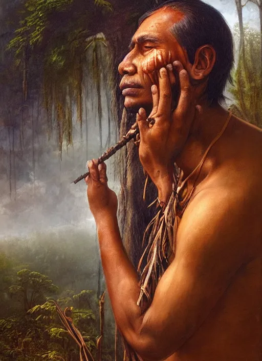 Image similar to a beautiful portrait of an indigenous man taking rapé in the jungle, taking tobacco snuff, praying with tobacco, mysterious atmosphere, fantasy art, matte painting, highly detailed