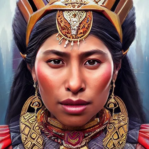 Prompt: aztec empress, Yalitza Aparicio, D&D, fantasy, portrait, highly detailed, digital painting, trending on artstation, concept art, sharp focus, illustration, art by artgerm and greg rutkowski and magali villeneuve