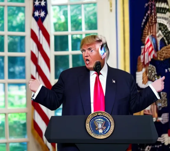 Prompt: Donald Trump showing off his tiny hands at a white house press conference, AP news photo, XF IQ4, 150MP, 50mm, F1.4, ISO 200, 1/160s, natural light