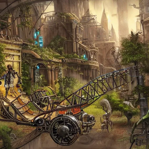 Prompt: a steampunk city where humans and dinosaurs coexist, lot of vegetation, trees, steampunk vehicles, t - rex, raptor, trending on artstation