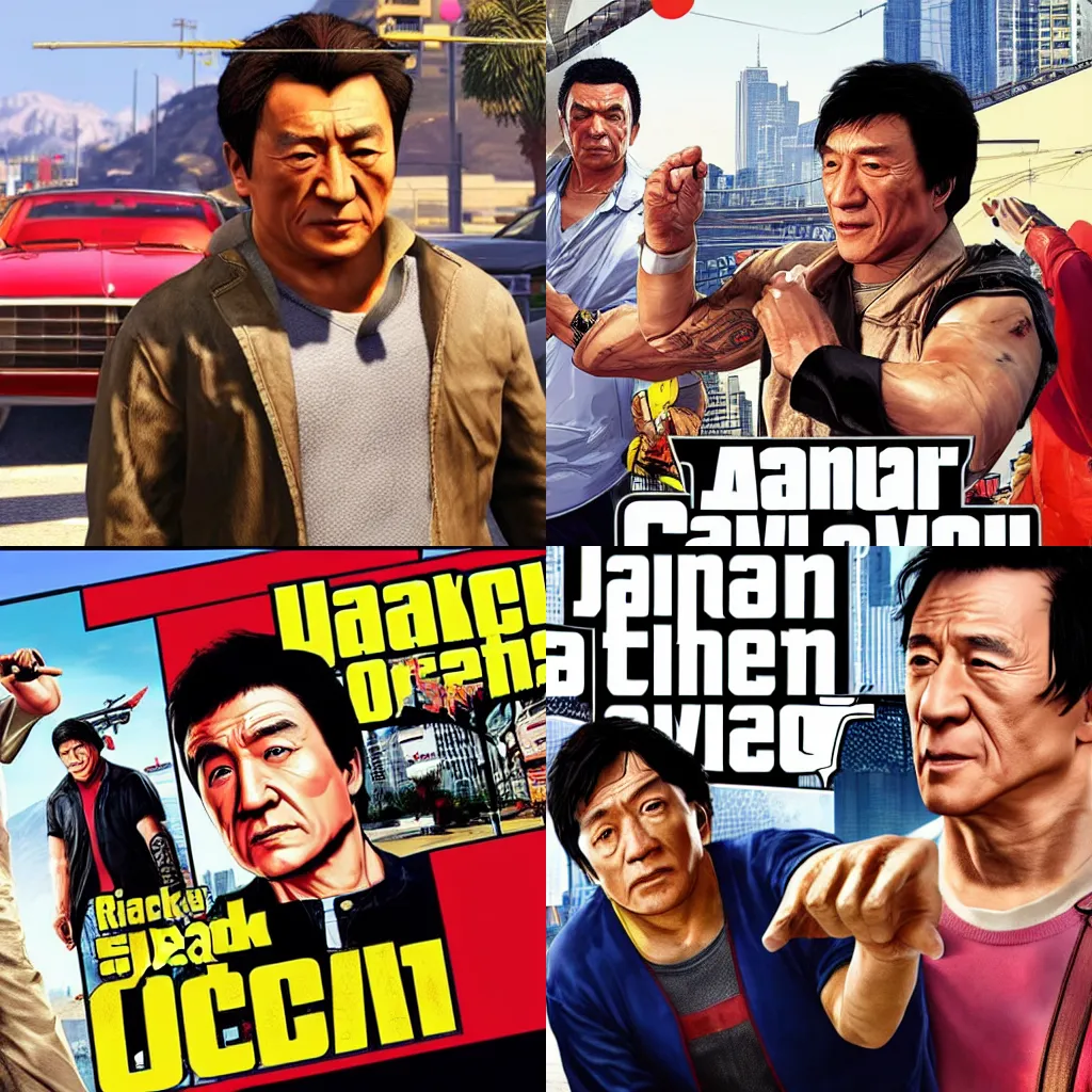 Prompt: Jackie Chan in GTA V cover, rockstar games, no text,