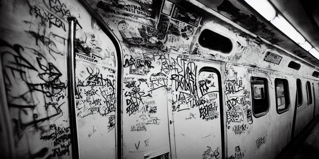 Image similar to subway cabin inside all in graffiti, man in carhartt jacket closeup writing graffiti, night, film photography, exposed b & w photography, christopher morris photography, bruce davidson photography