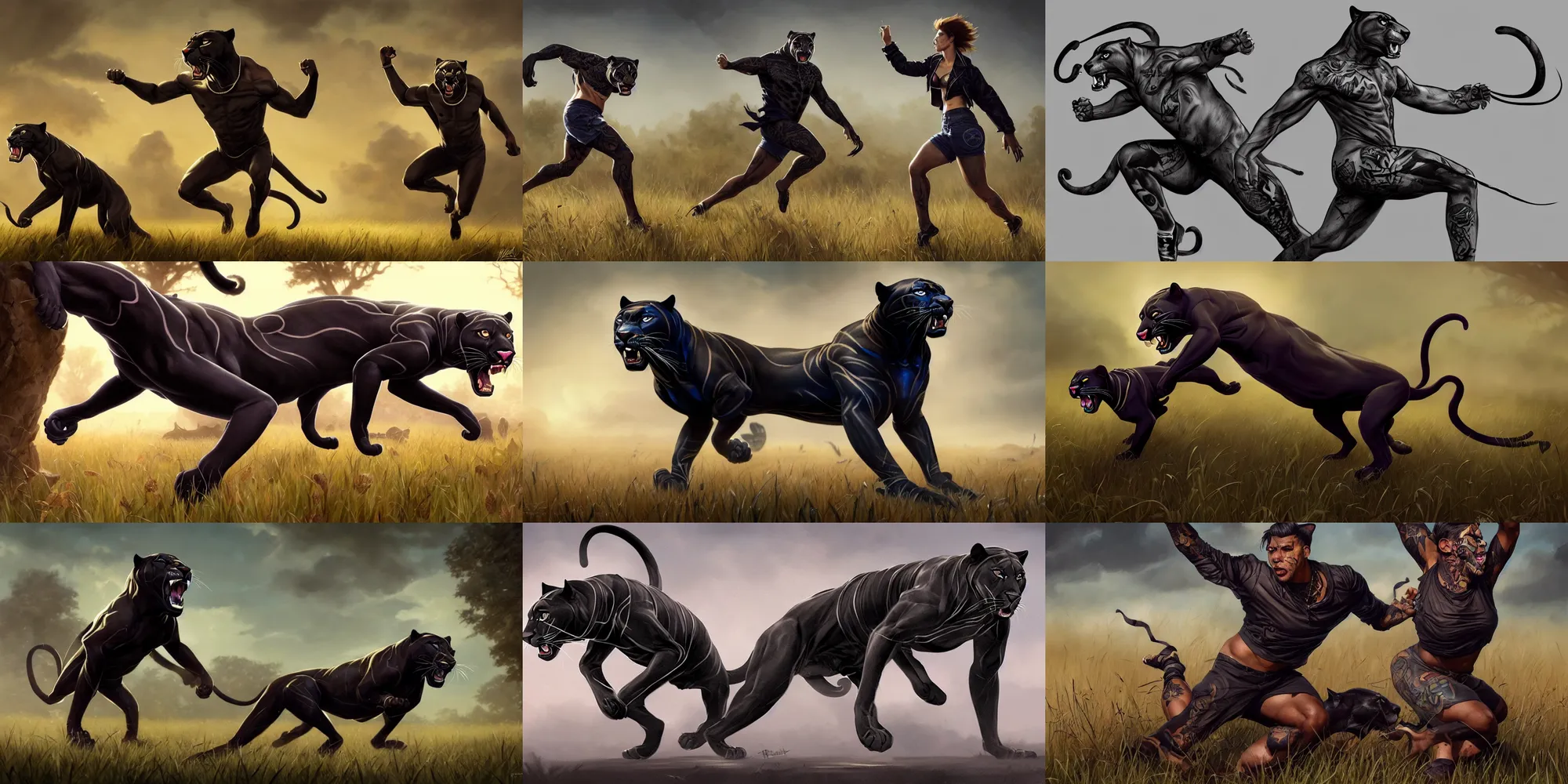 Prompt: tattooed panther wearing a jacket and ripped shorts running and dancing in a field, character sheet, character design, contrast, deep focus, turnaround, highly detailed, dramatic lighting, digital painting, artstation, concept art, matte, sharp focus, illustration, elegant, art by artgerm and greg rutkowski and alphonse mucha.