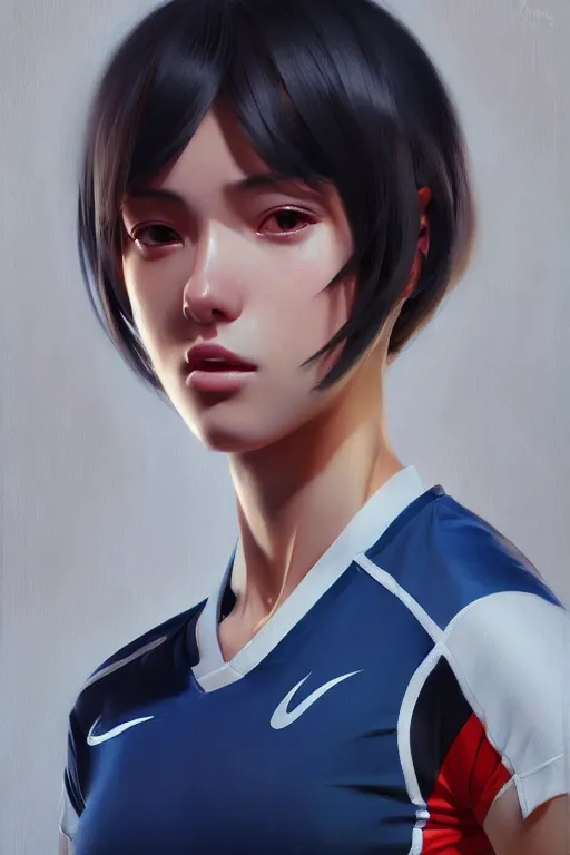 Image similar to a ultradetailed beautiful panting of a stylish woman wearing a volleyball jersey, detailed face, oil painting, by ilya kuvshinov, greg rutkowski and makoto shinkai