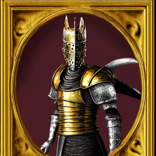 Image similar to portrait the great knight dark souls in golden red armor made of polished dragon bones looks relaxed, victorian era