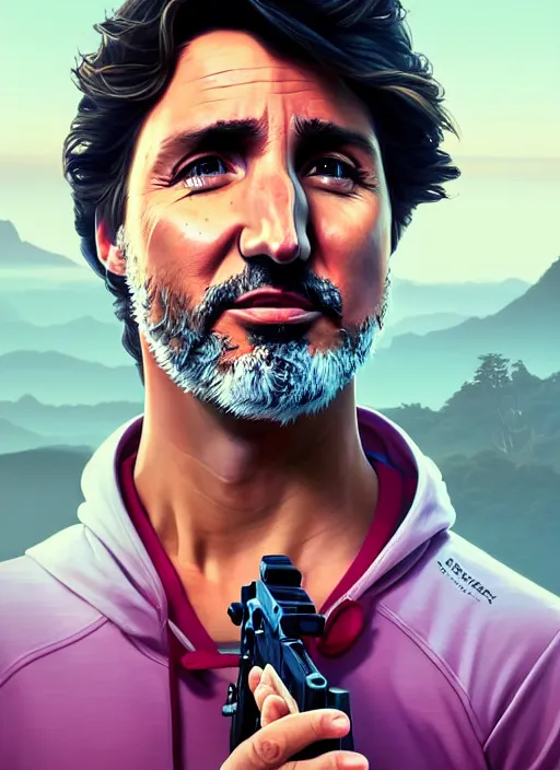 Image similar to highly detailed portrait justin trudeau in ( ( pink hoody rainbow socks ) ) holding ar - 1 5! ( setting costa rica ) in gta v stephen bliss unreal engine fantasy art by greg rutkowski loish rhads ferdinand knab makoto shinkai lois van baarle ilya kuvshinov rossdraws tom bagshaw global illumination radiant light detailed intricate environment