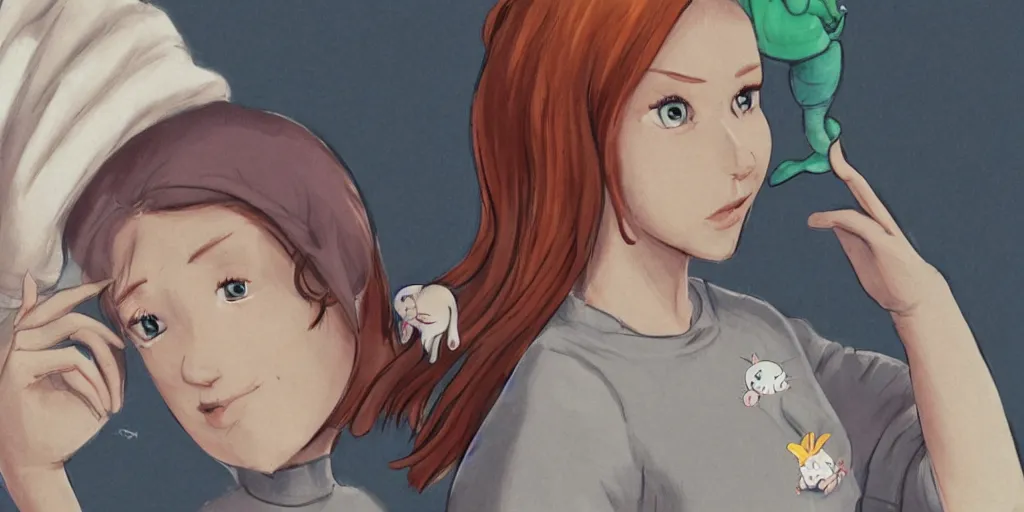 Prompt: women, ginger, cartoon, sweatshirt, concept art, concept art, bunny ears,