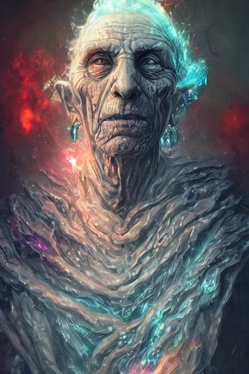 Prompt: the look of an elderly person, necromancer, witch - doctor covered with ice exploding into fire, full of wrinkles and imperfections, electricity highly detailed, high contrast, light reflection, trippy, nebula, trending on artstation by artgem, by peter mohrbacher, by wlop, by ruan jia