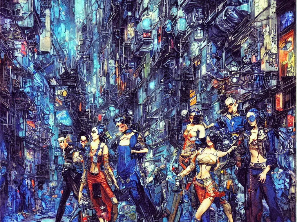 Image similar to a cyberpunk gang in the alleyway between art deco buildings, graffiti, fine detail, intricate, polished, blue color scheme, digital art, illustration, impressionist, by george luks and noriyoshi ohrai