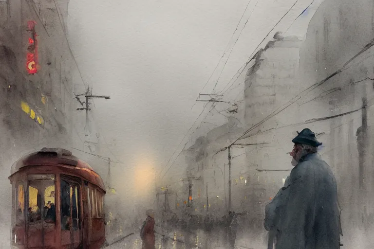 Prompt: small centered on watercolor paper, paint brush strokes, abstract watercolor painting of old man on tram, poor and rugged, foggy dawn, morning dew, cinematic light, national romanticism by hans dahl, by jesper ejsing, by anders zorn, by greg rutkowski, by greg manchess, by tyler edlin