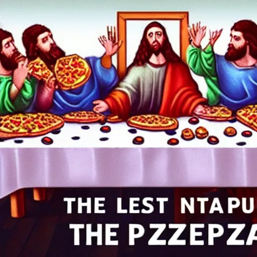 Image similar to the last supper but everyone is eating pizza