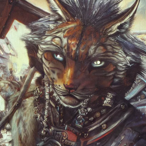 Prompt: 8k Yoshitaka Amano oil painting of upper body of a young cool looking lynx beast-man with white mane at a medieval market at windy day. Depth of field. He is wearing complex fantasy armors. He has paws. Renaissance style lighting.