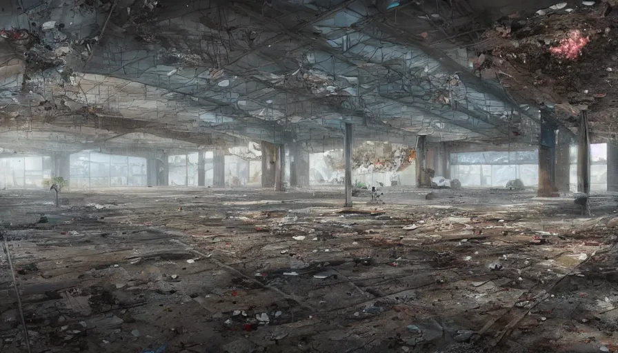 Prompt: Abandoned huge long-abandoned shopping center covered by dust, collapsed ceiling, floating dust, hyperdetailed, artstation, cgsociety, 8k