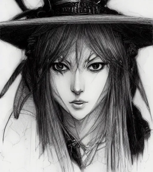 Image similar to portrait of anime woman wearing witch hat, pen and ink, intricate line drawings, by craig mullins, ruan jia, kentaro miura, greg rutkowski, loundraw