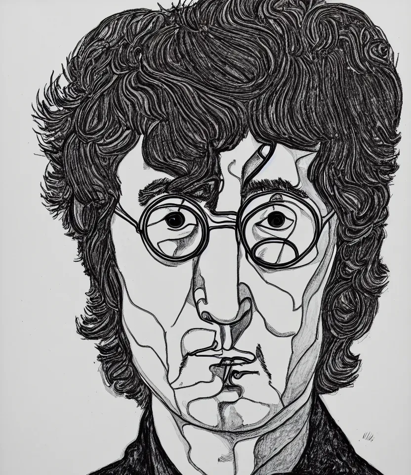 Prompt: elegant intricate line art portrait of john lennon. inspired by egon schiele. contour lines, graphic musicality, twirls, curls, curves, strong confident personality, staring at the viewer