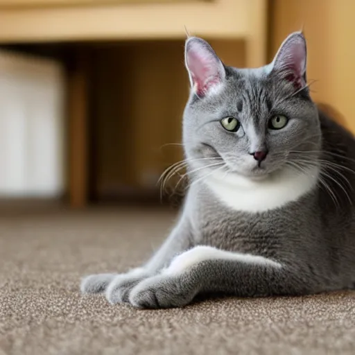 Prompt: gray cat stretching on beige carpet