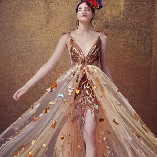 Image similar to exclusive evening dress made of bronze transparent fabric fantasy with colored flower petals made of fabric. intricate asymmetrical patterns. an elegant hat. hyperrealistic photos, clear details.