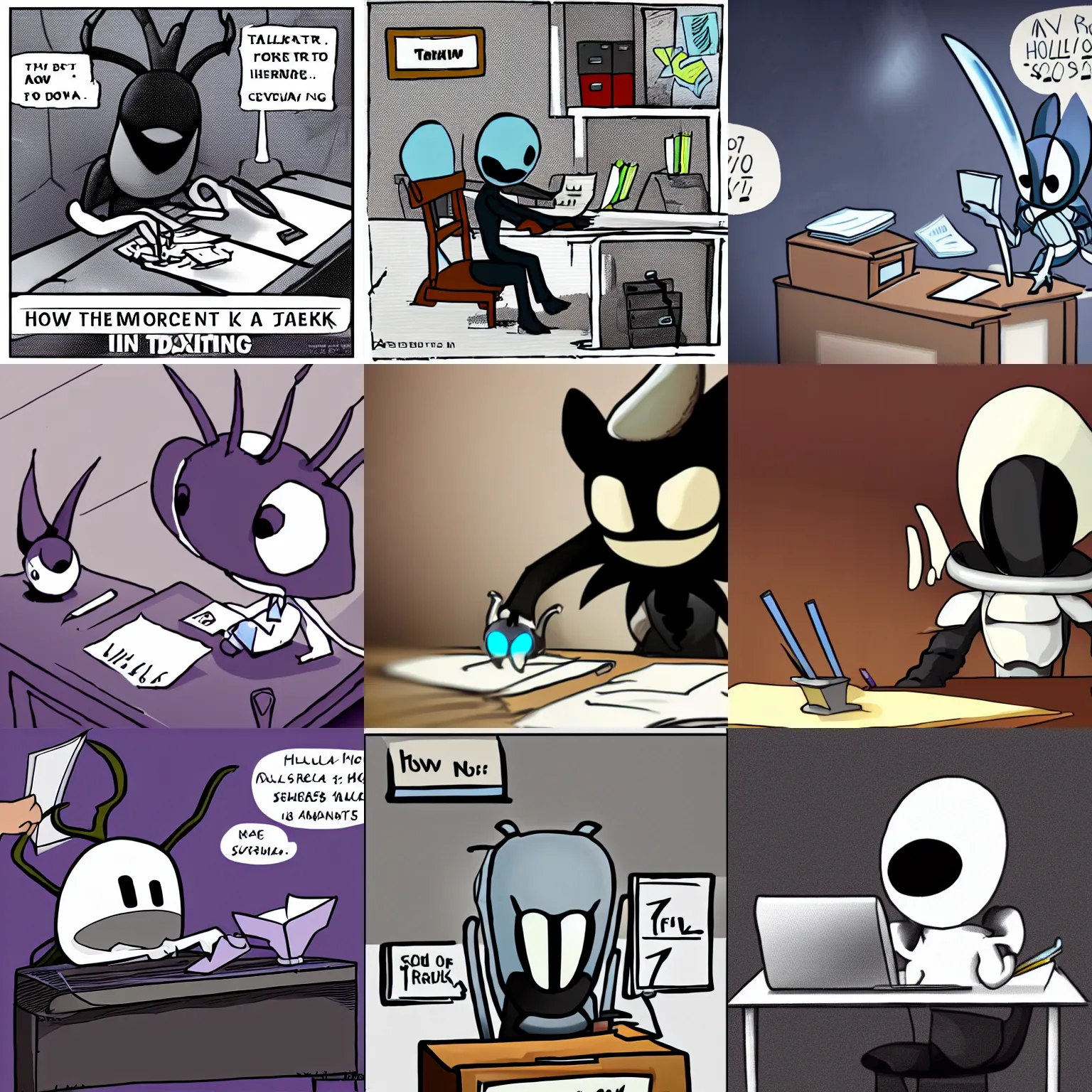 Prompt: Hollow Knight doing taxes at a desk