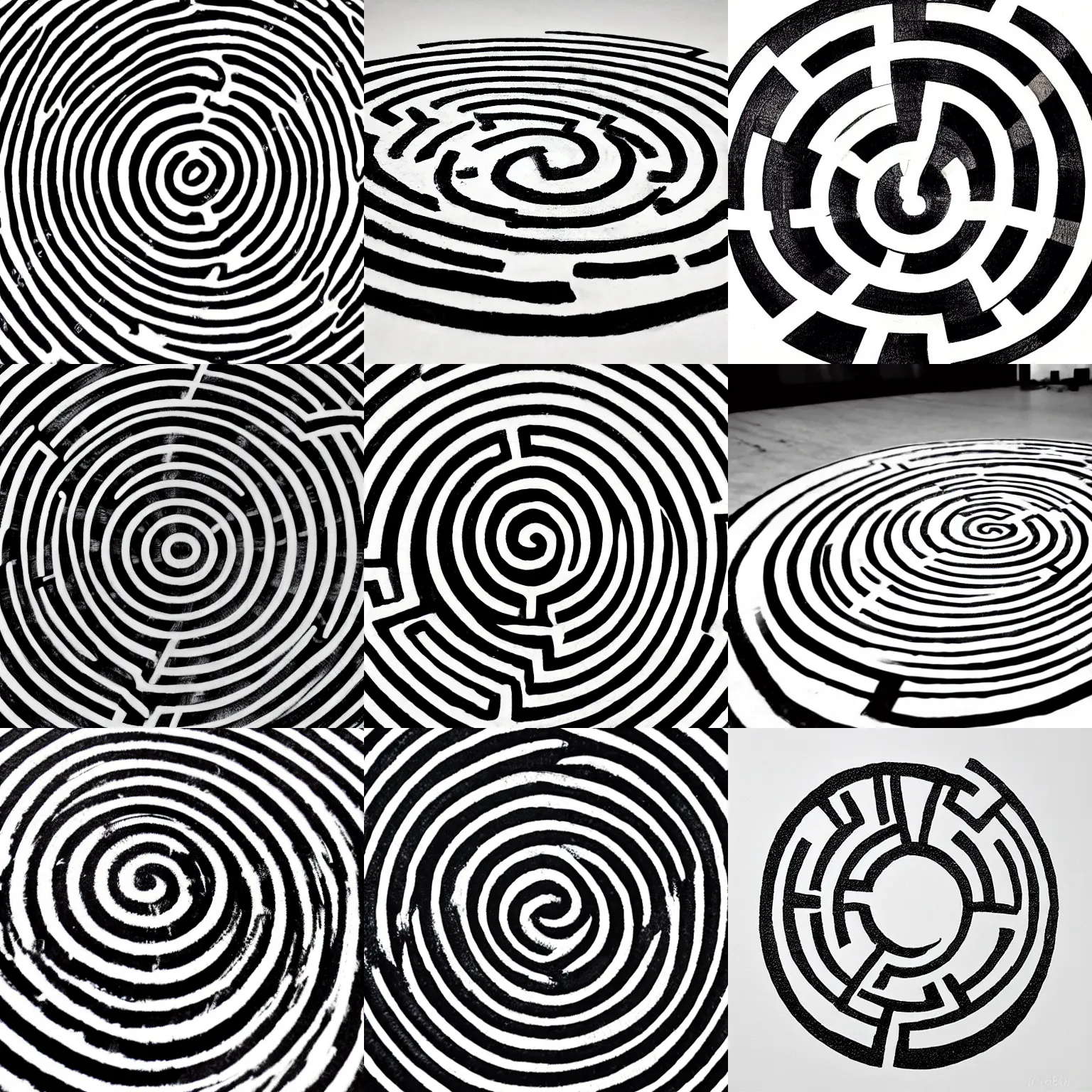 Prompt: a circular labyrinth stamped in black ink on off white paper, smooth, concise
